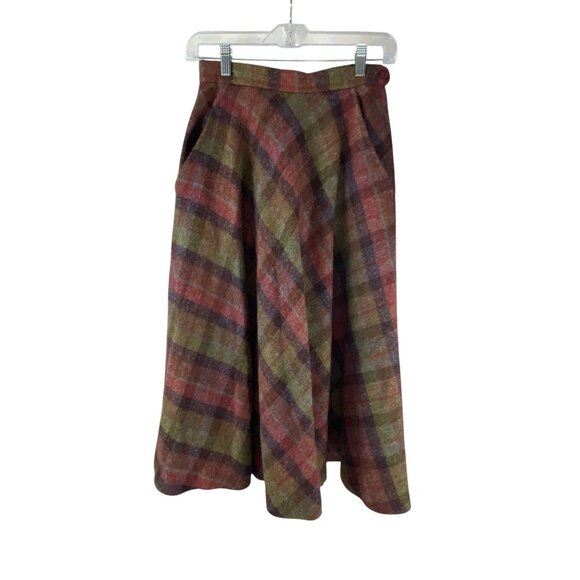 Vintage Brendella 100% Wool Plaid A-Line Midi Skirt Red/Green Academia Sz 0 - Picture 1 of 7